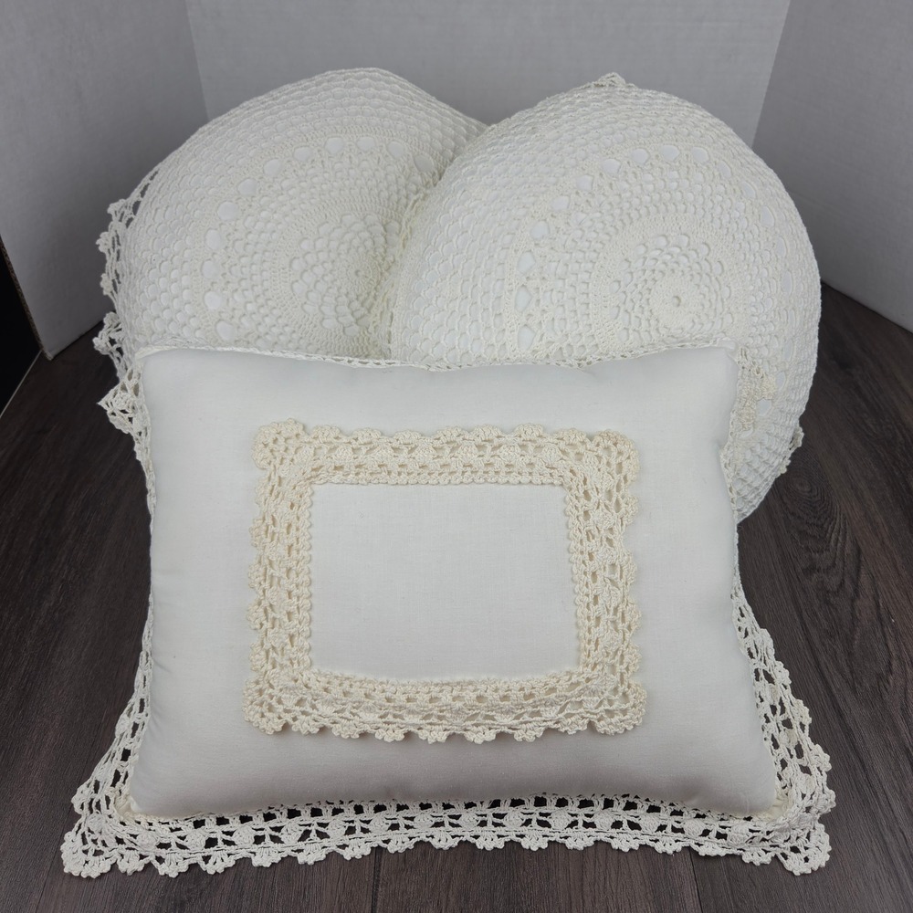 Vintage Crochet Lace Throw Pillows Set of 3 Ivory Cotton JCPenney Cottagecore